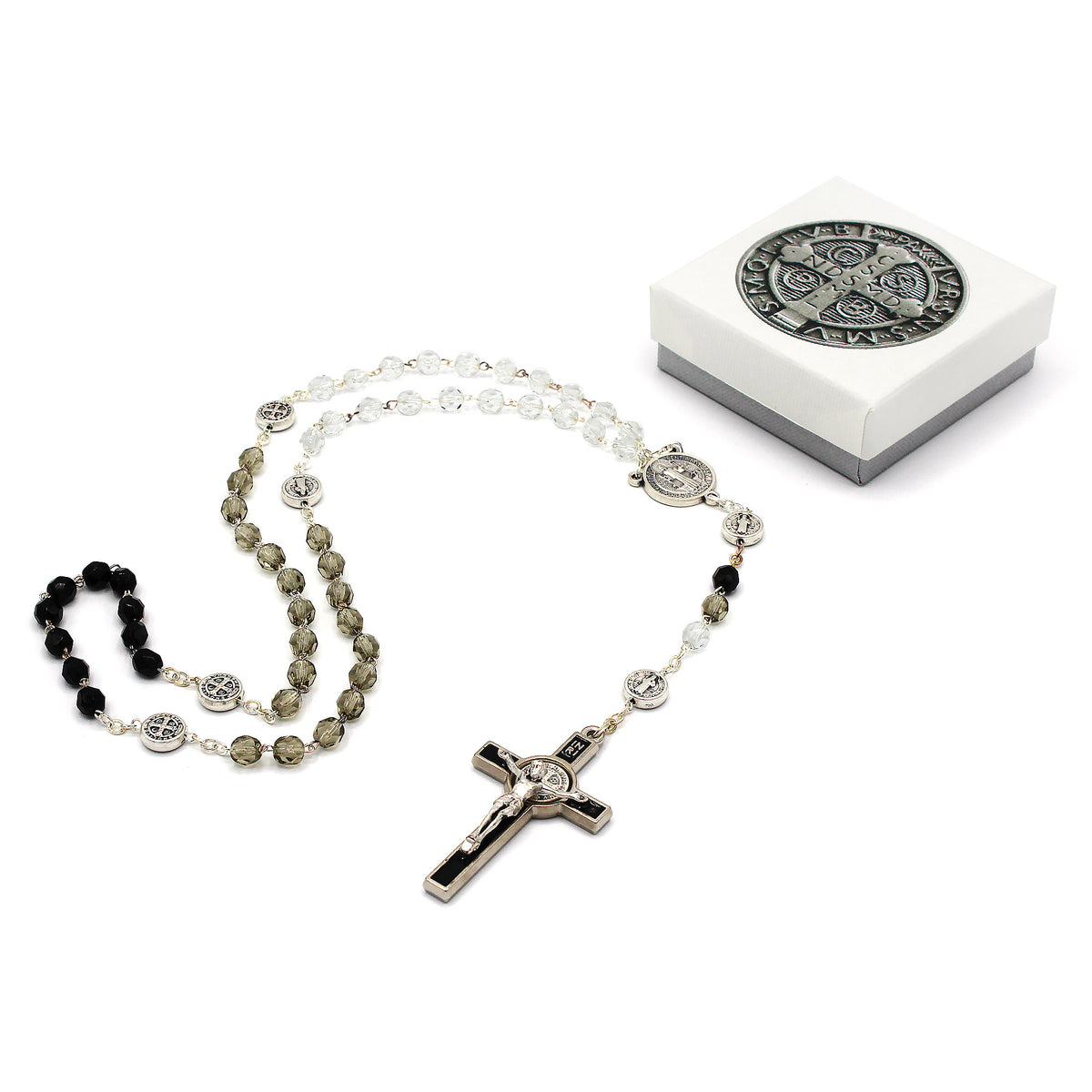 Rosario con la Croce di San Benedetto in metallo di colore argento
